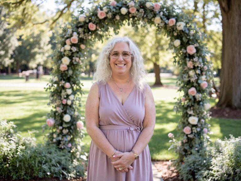 A Wedding Officiant standing in front of an arch of flowers